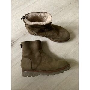 Bonpoint Kids Shearling Lined Leather Boots Olive Green Spain Size 34 Zip Back